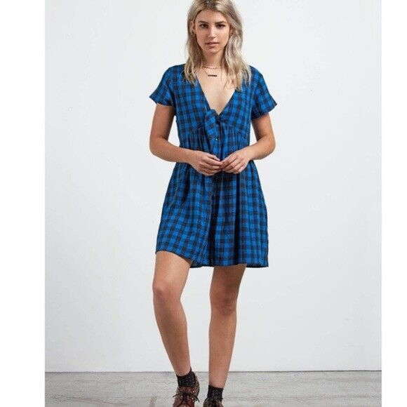 NWOT Volcom Buffalo Plaid Babydoll Dress - Picture 1 of 11
